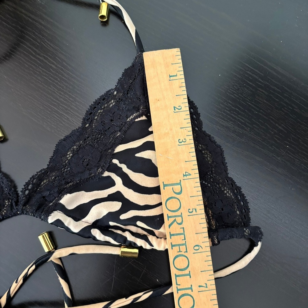 Early 2000s Victorias Secret Zebra Print Lace Bikini Set Triangle Side Tie M Y2K - Picture 8 of 16